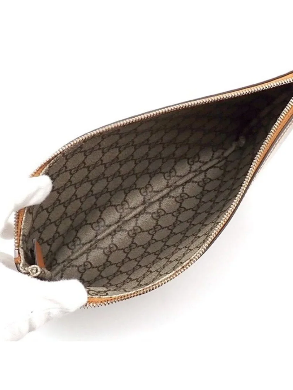 Gucci Clutch Logo Facul Beige Brown Cotton Linen
